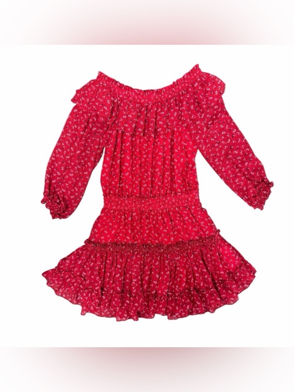 MISA Darla Red Floral Off Shoulder Smocked Ruffle Mini Dress L - Picture 3 of 11